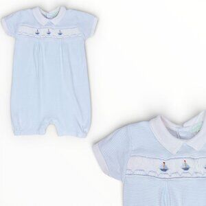 Boys Pima Cotton Nautical Sailboat Smocked Collared Shortalls Romper Outfit 18m